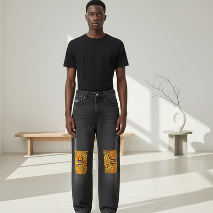 Kente Cloth Print Vintage Wash Heavyweight Denim Jeans