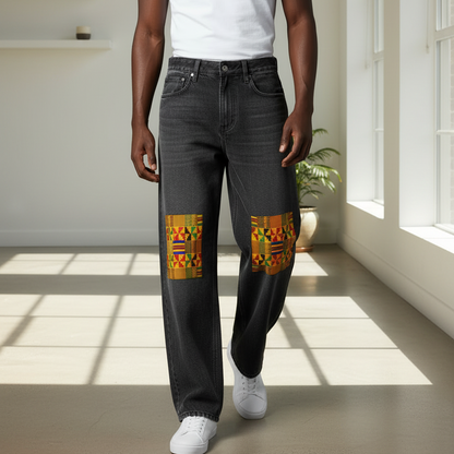 Kente Cloth Print Vintage Wash Heavyweight Denim Jeans