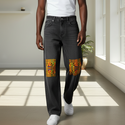 Kente Cloth Print Vintage Wash Heavyweight Denim Jeans