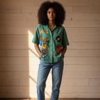 Jazz Musician Themed Graphic Unisex Striped Boxy Contrast Collar Shirt