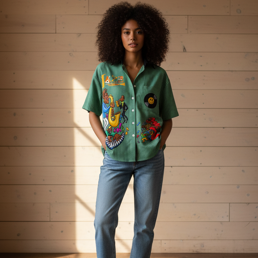Jazz Musician Themed Graphic Unisex Striped Boxy Contrast Collar Shirt