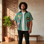 Jazz Musician Themed Graphic Unisex Striped Boxy Contrast Collar Shirt