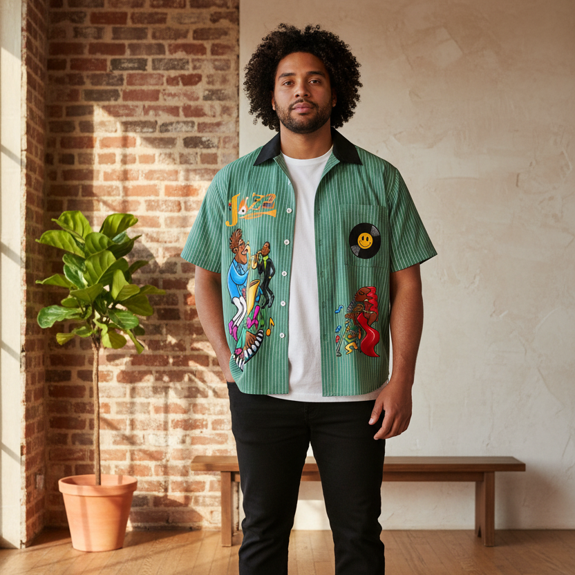 Jazz Musician Themed Graphic Unisex Striped Boxy Contrast Collar Shirt