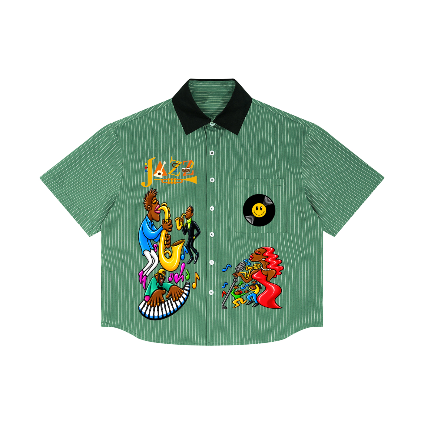 Jazz Musician Themed Graphic Unisex Striped Boxy Contrast Collar Shirt