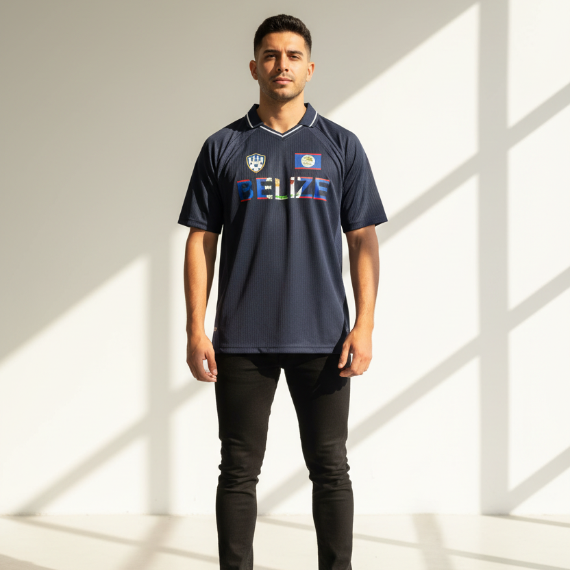 Belize Flag Themed Graphic Unisex Striped V-Neck Soccer Jersey
