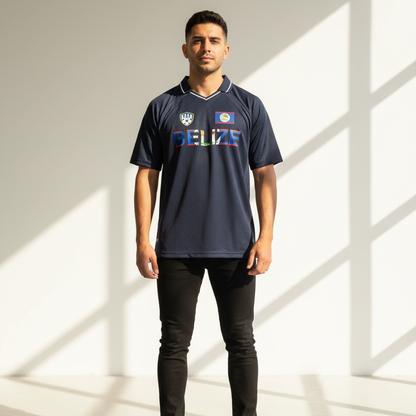 Belize Flag Themed Graphic Unisex Striped V-Neck Soccer Jersey