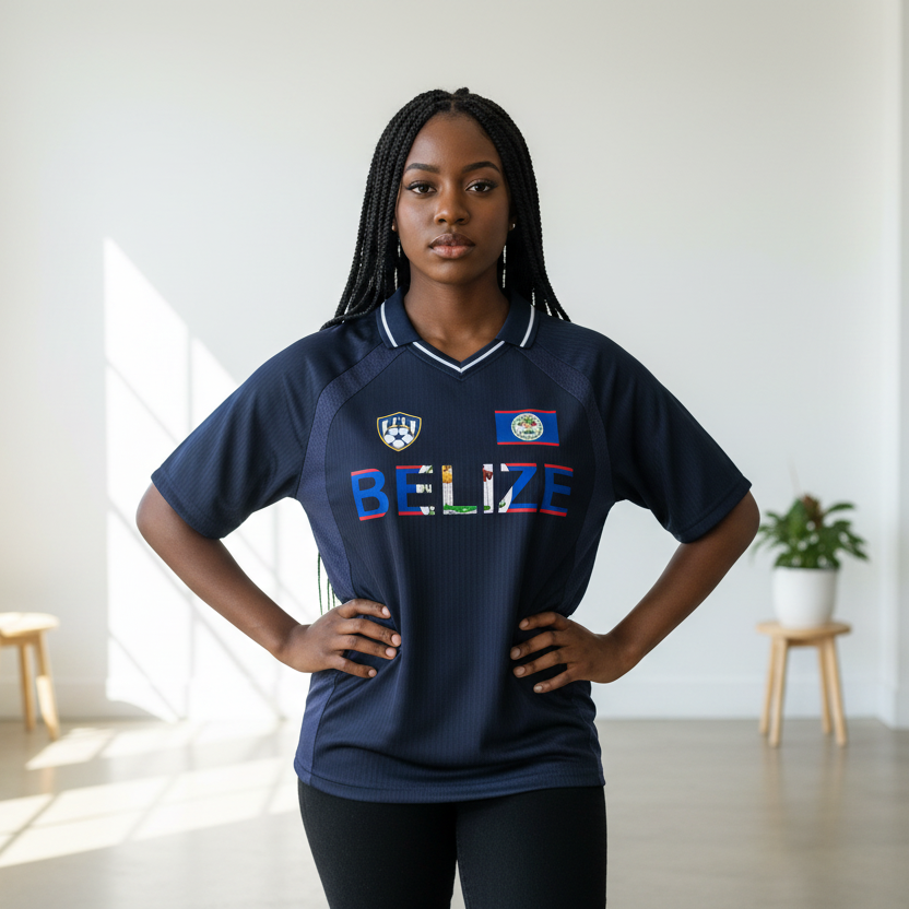 Belize Flag Themed Graphic Unisex Striped V-Neck Soccer Jersey