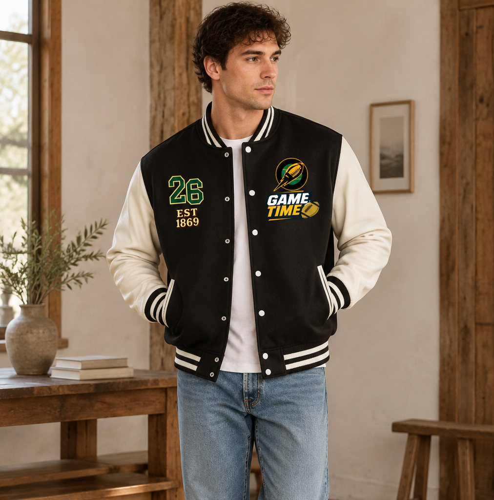 Graphic Unisex Football Themed Two-Tone Fleeced Varsity Jacket