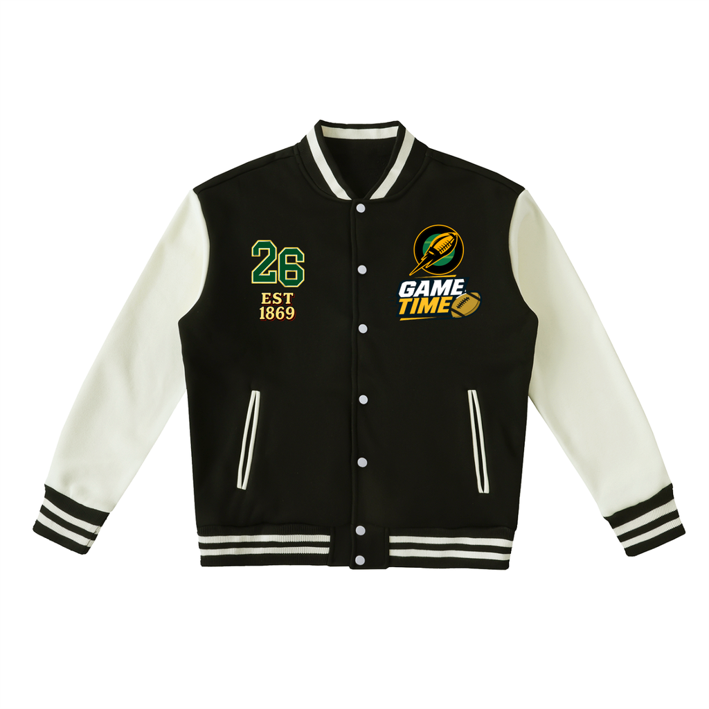 Graphic Unisex Football Themed Two-Tone Fleeced Varsity Jacket