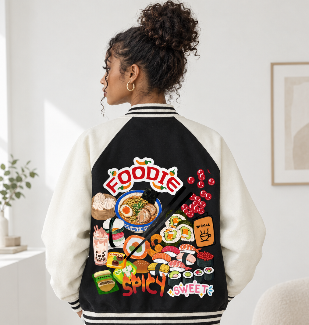 Foodie Enthusiast Graphic Two Tone Raglan Sleeve Varsity Unisex  Jacket