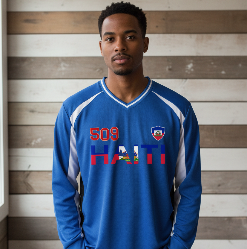 Haiti Flag Themed Graphic Unisex Color Block Long Sleeve Jersey