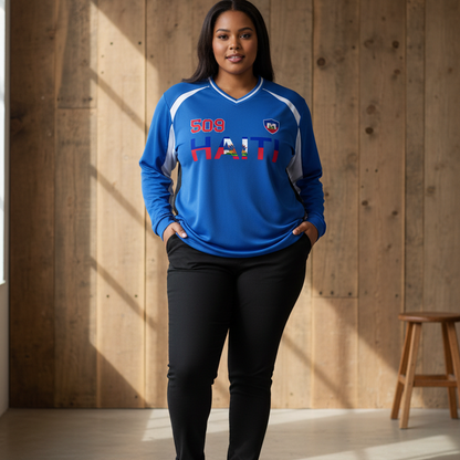 Haiti Flag Themed Graphic Unisex Color Block Long Sleeve Jersey