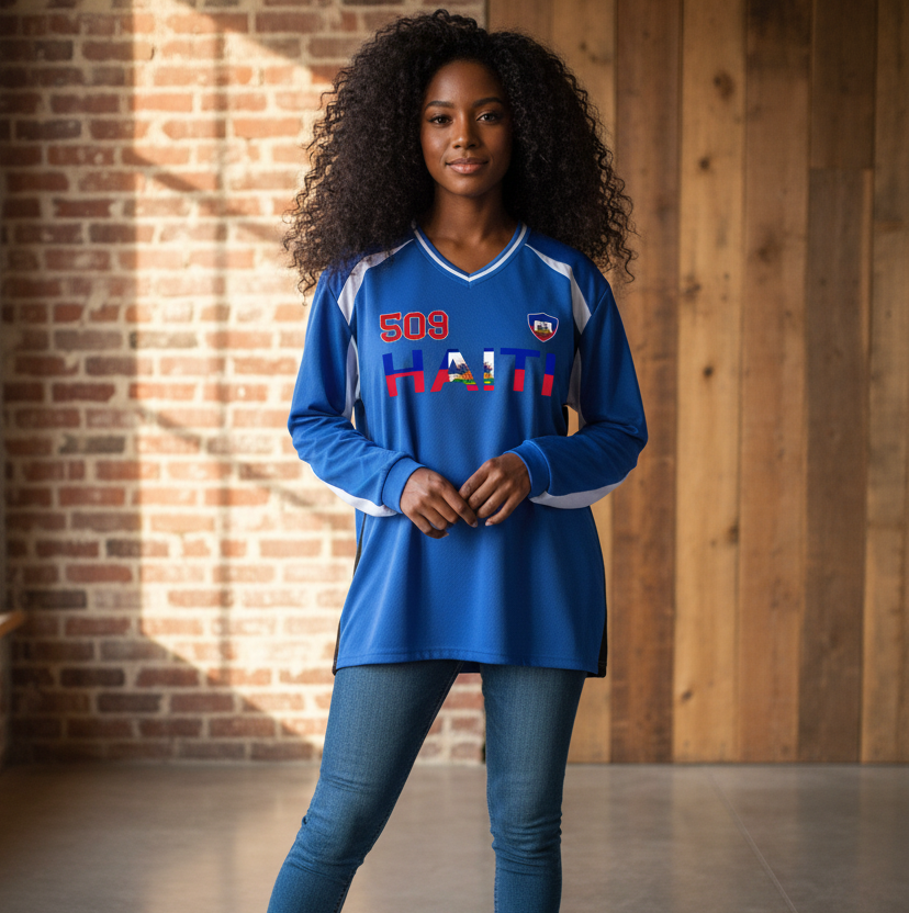 Haiti Flag Themed Graphic Unisex Color Block Long Sleeve Jersey