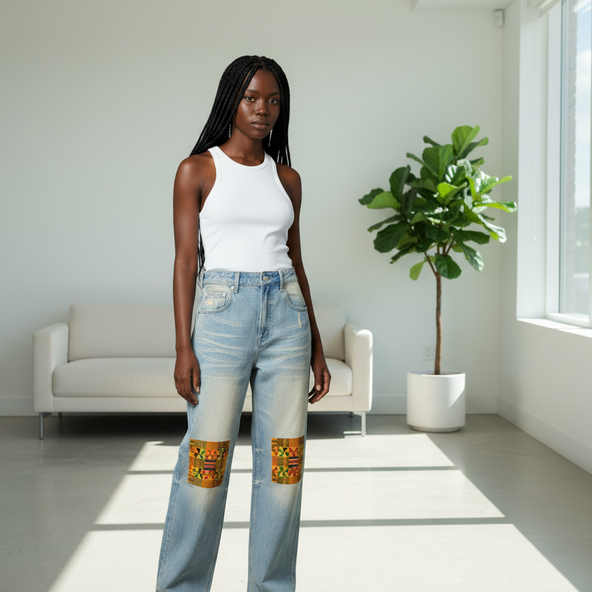 Kente Patchwork Print Sun Fade Raw Hem Denim Jeans