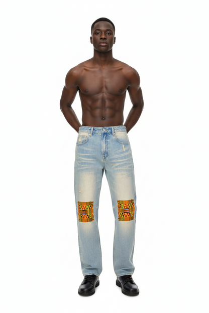 Kente Patchwork Print Sun Fade Raw Hem Denim Jeans