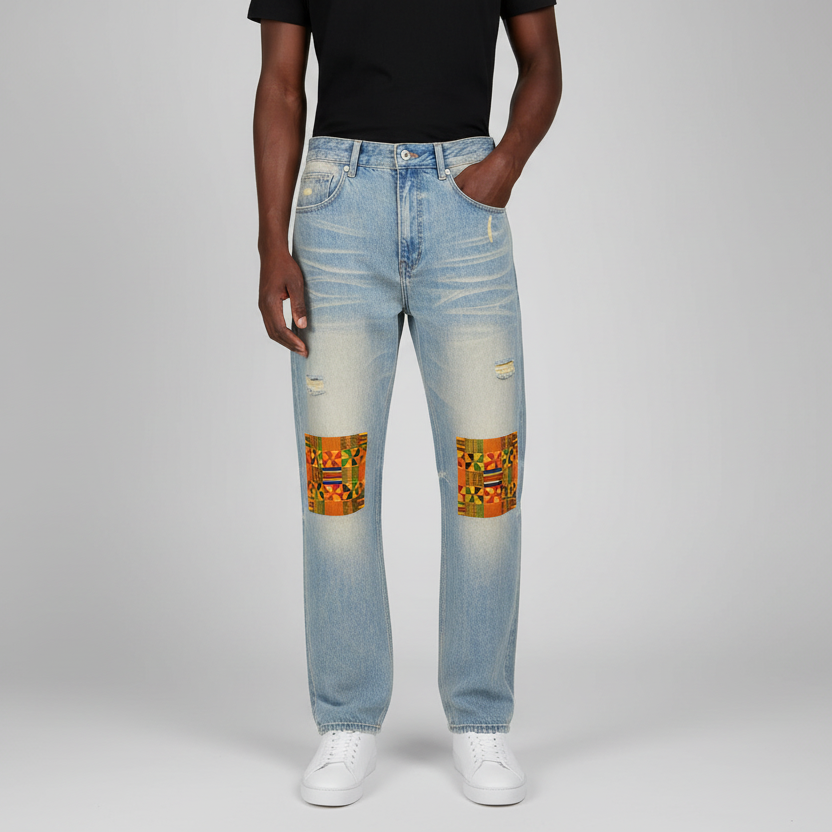 Kente Patchwork Print Sun Fade Raw Hem Denim Jeans