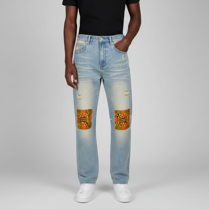Kente Patchwork Print Sun Fade Raw Hem Denim Jeans