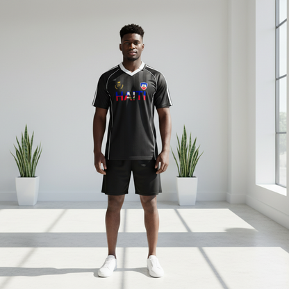 Unisex Haiti Flag Themed Graphic Shadow Stripe Collared Soccer Jersey