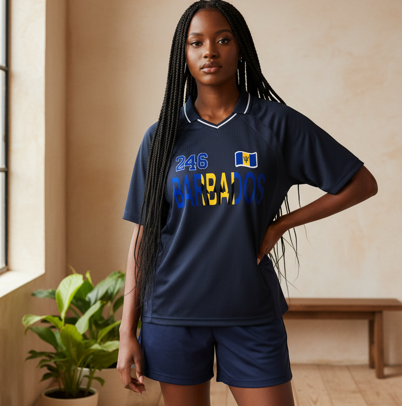 Barbados Flag Themed Graphic Striped V-Neck Unisex Soccer Jersey