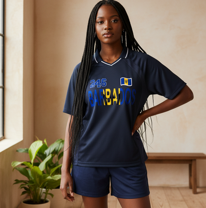 Barbados Flag Themed Graphic Striped V-Neck Unisex Soccer Jersey