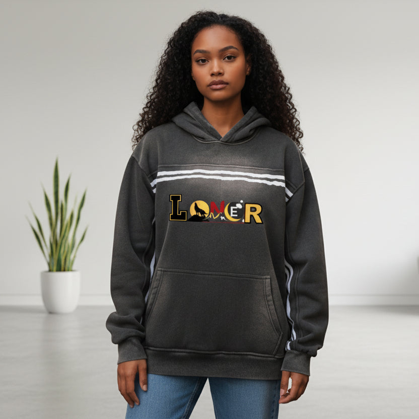 Medieval Knight and Dragon Graphic Hoodie, Sun Fade Contrast Tape Fleece Hoodie