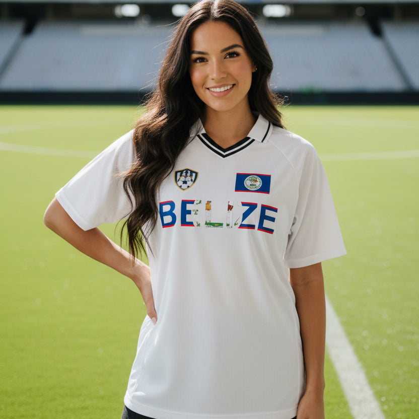 Belize Flag Themed Graphic Unisex Striped V-Neck Soccer Jersey ODMPOD