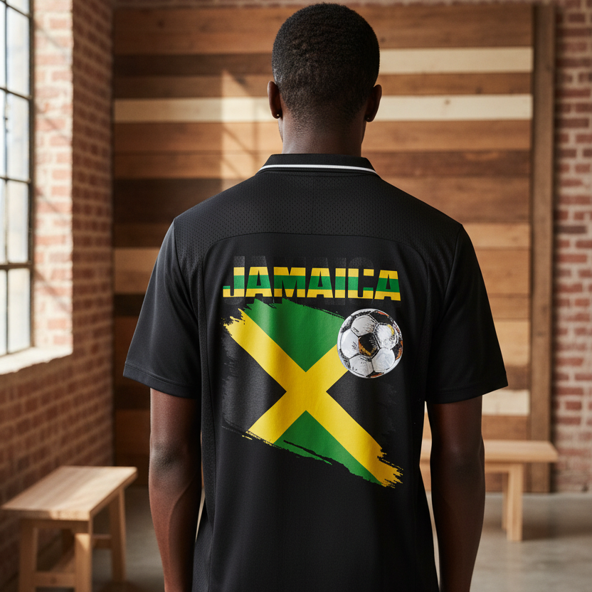Jamaican Pride, Flag Themed Graphic V-Neck Collared  Unisex Soccer Jersey