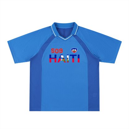 Haitian Pride and Flag Themed Striped V-Neck Unisex  Soccer Jersey