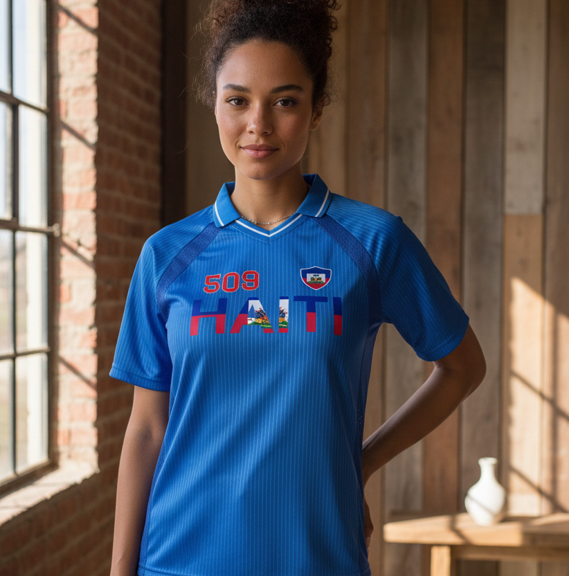 Haitian Pride and Flag Themed Striped V-Neck Unisex  Soccer Jersey