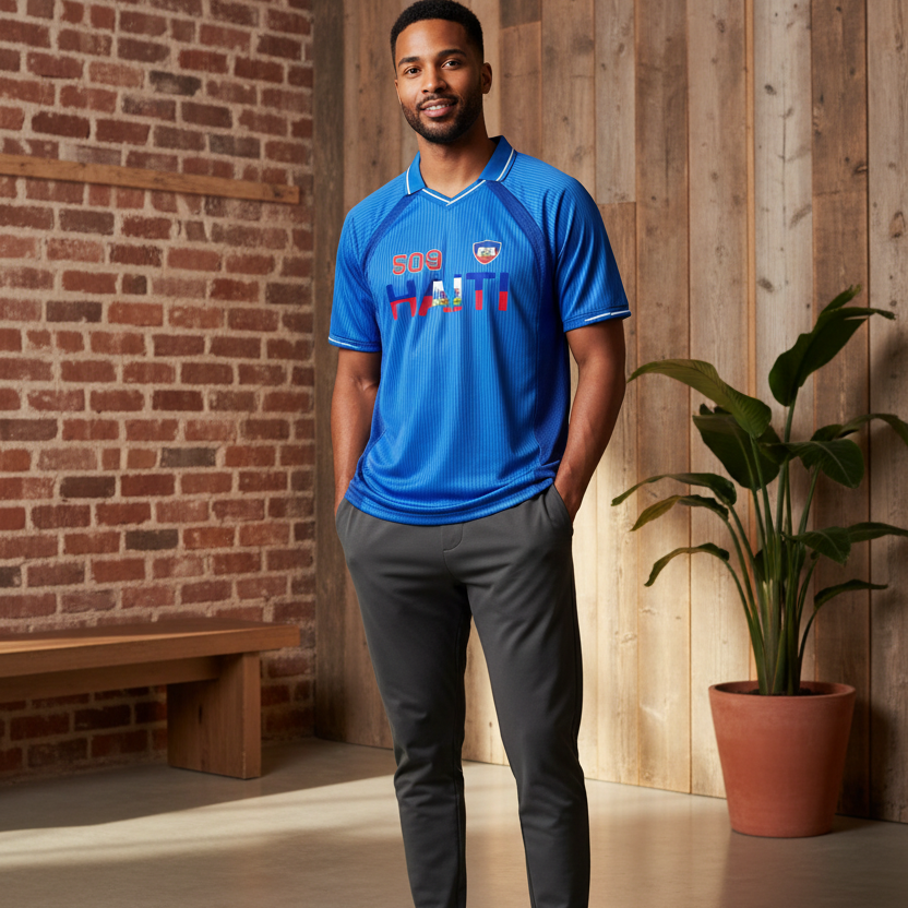 Haitian Pride and Flag Themed Striped V-Neck Unisex  Soccer Jersey