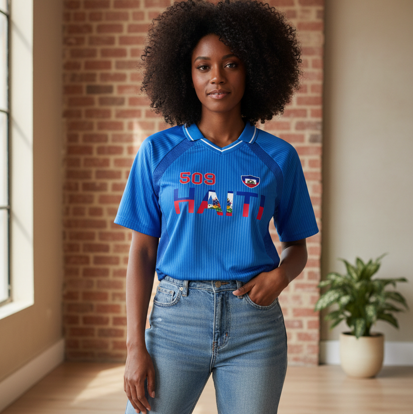 Haitian Pride and Flag Themed Striped V-Neck Unisex  Soccer Jersey