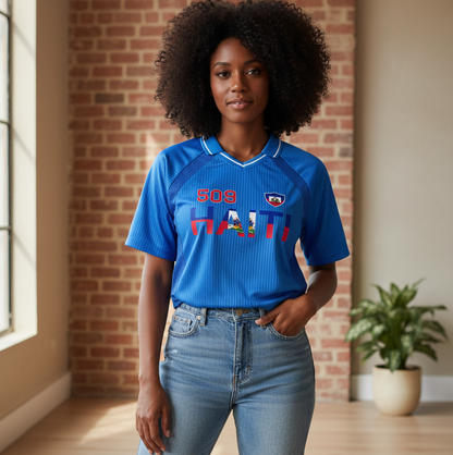 Haitian Pride and Flag Themed Striped V-Neck Unisex  Soccer Jersey