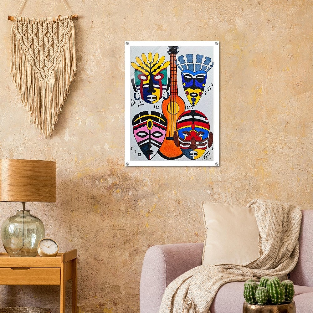 Original Singing Tribal Mask Acrylic Print, Handcrafted Artisanal Decor