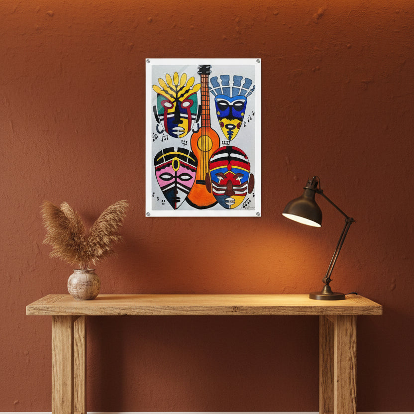 Original Singing Tribal Mask Acrylic Print, Handcrafted Artisanal Decor