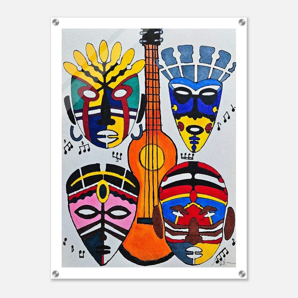 Original Singing Tribal Mask Acrylic Print, Handcrafted Artisanal Decor