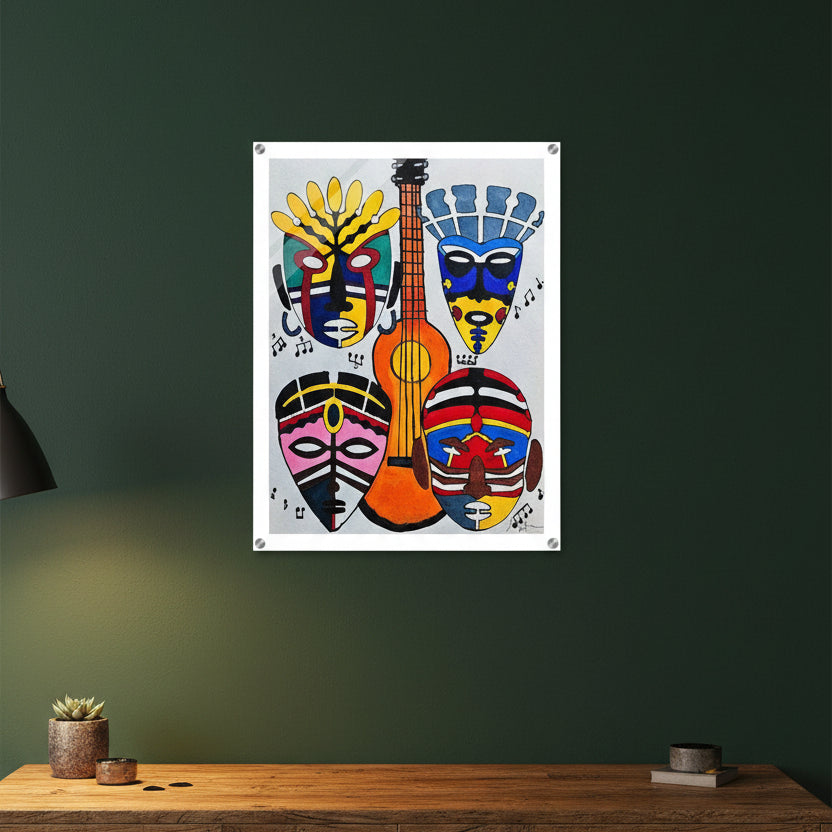 Handcrafted Artisanal Decor: Original Singing Tribal Masks Acrylic Artwork Gelato