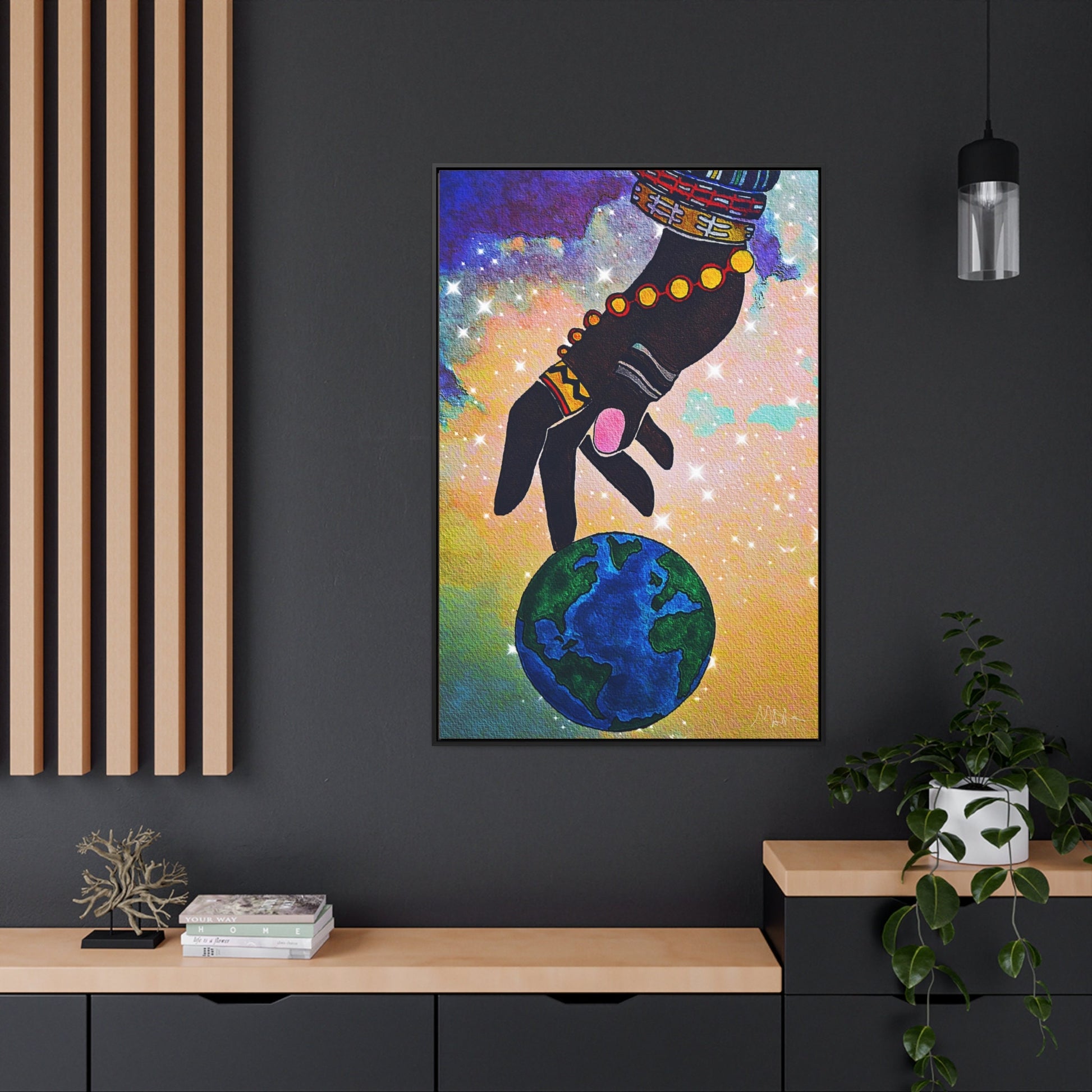 Cosmic Ethnic Wall Art - Handcrafted Astronomical Painting, Unique Space-Themed Decor, Vertica Frame