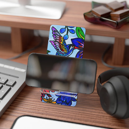 Mobile Display Stand with Handcrafted Spring Floral Artwork, Artisan Phone Holder