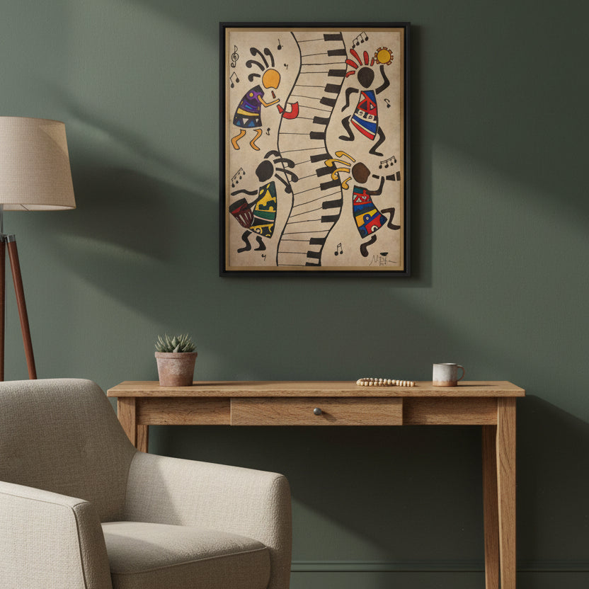 Handcrafted Tribal Music Artwork, Original Pen and Ink Drawing, Statement Wall Piece for Music Rooms