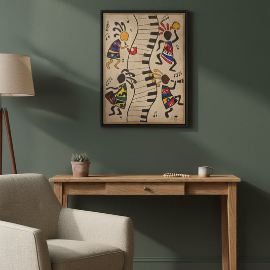 Handcrafted Tribal Music Artwork, Original Pen and Ink Drawing, Statement Wall Piece for Music Rooms