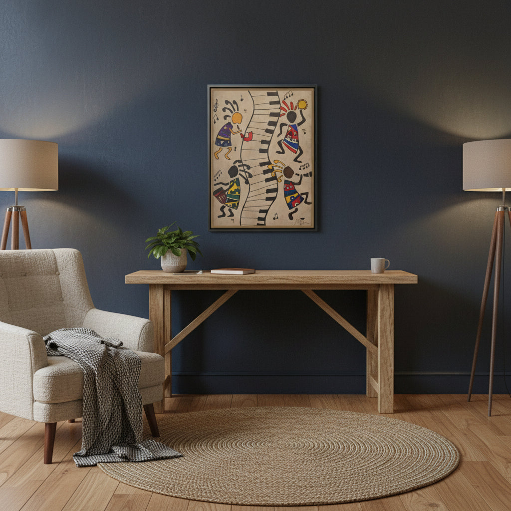 Handcrafted Tribal Music Artwork, Original Pen and Ink Drawing, Statement Wall Piece for Music Rooms