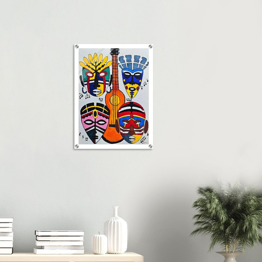 Original Singing Tribal Mask Acrylic Print, Handcrafted Artisanal Decor