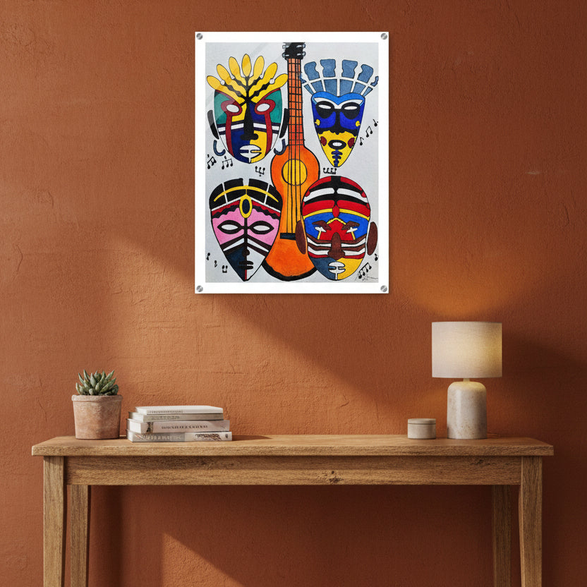 Original Singing Tribal Mask Acrylic Print, Handcrafted Artisanal Decor