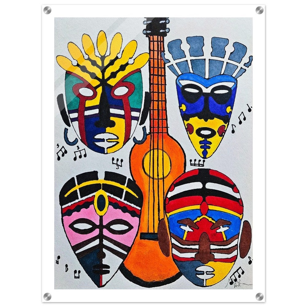 Original Singing Tribal Mask Acrylic Print, Handcrafted Artisanal Decor