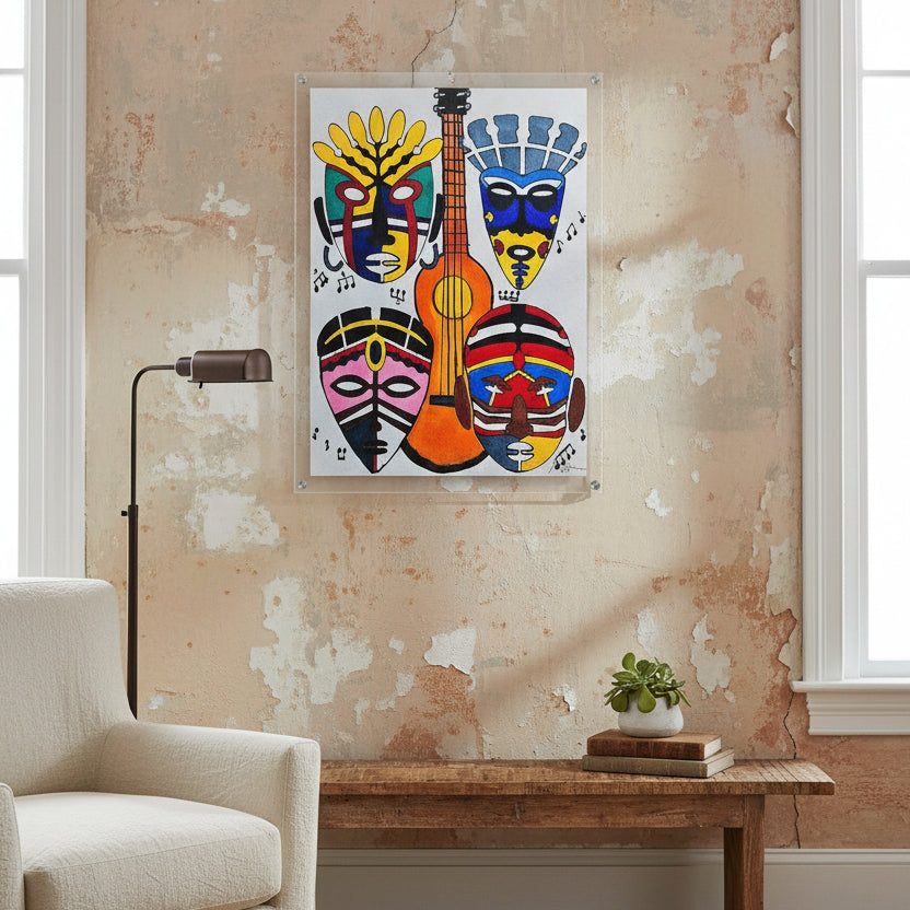 Handcrafted Artisanal Decor: Original Singing Tribal Masks Acrylic Artwork Gelato