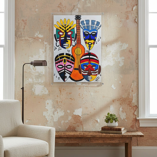 Handcrafted Artisanal Decor: Original Singing Tribal Masks Acrylic Artwork Gelato