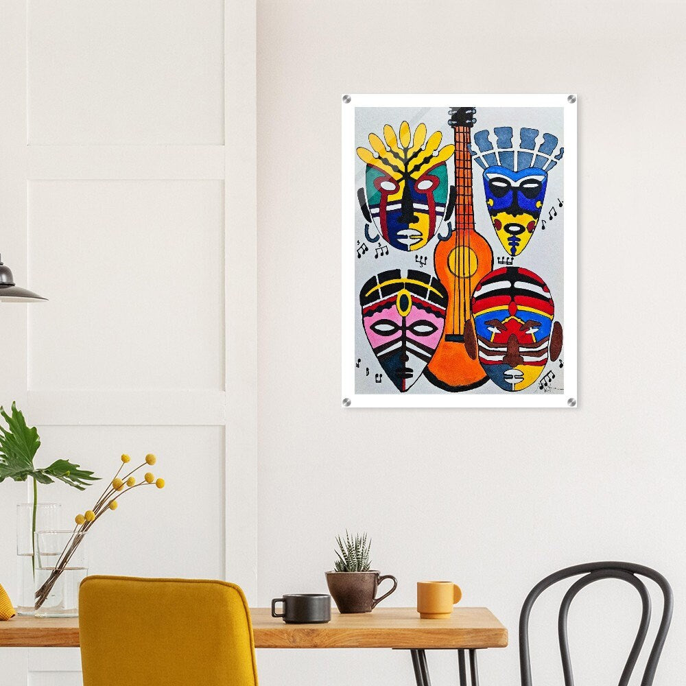 Original Singing Tribal Mask Acrylic Print, Handcrafted Artisanal Decor