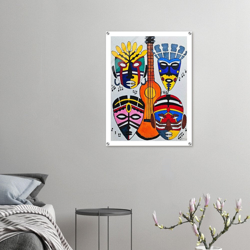 Original Singing Tribal Mask Acrylic Print, Handcrafted Artisanal Decor