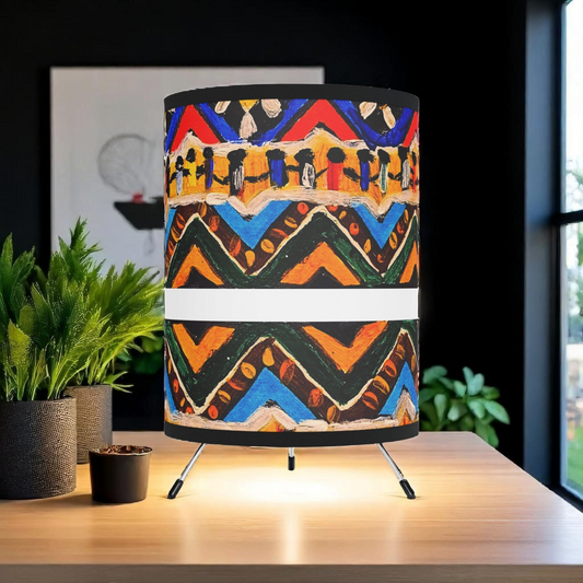 Boho Aztec Design Tripod Lamp, Handcrafted with High-Res Printed Shade