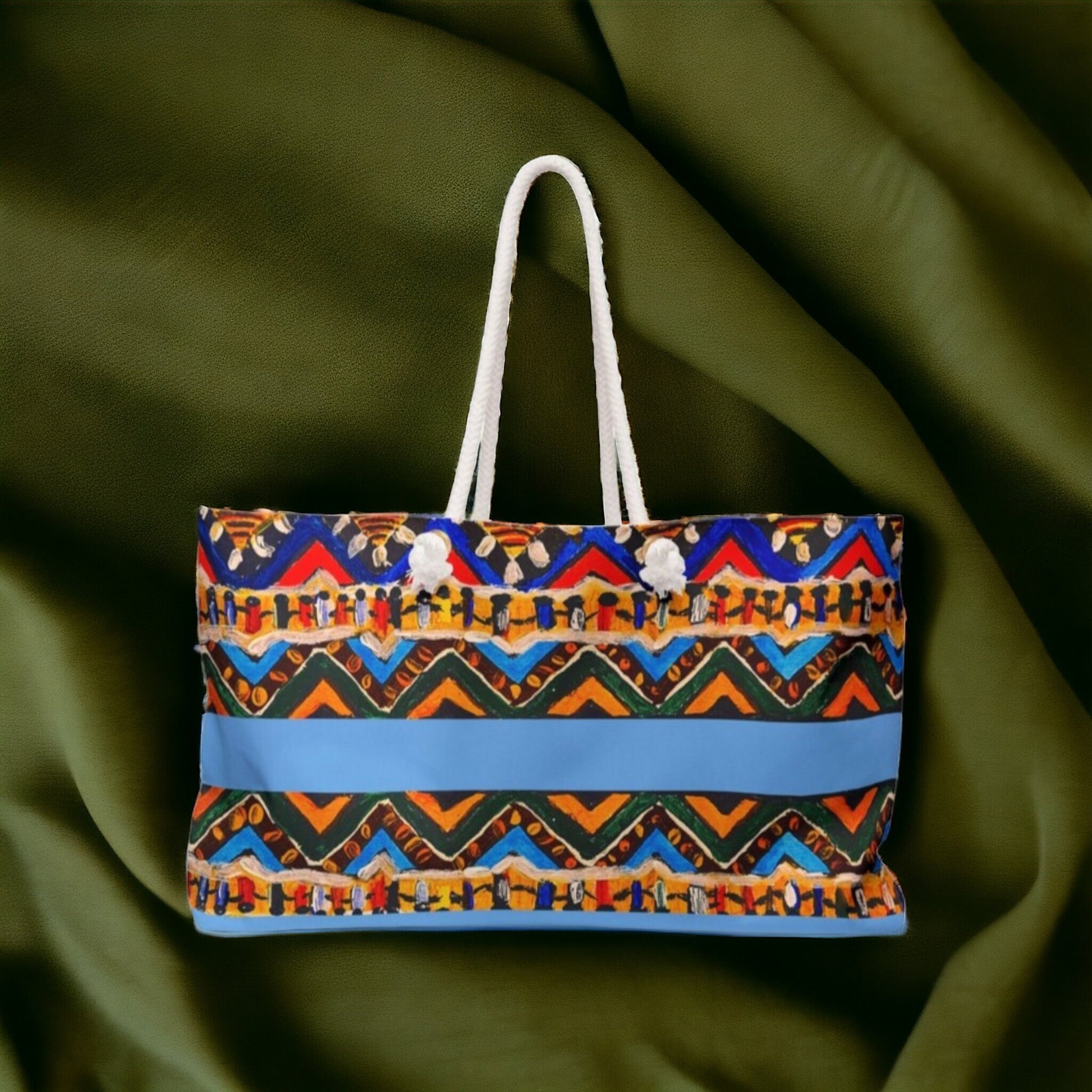Artisanal Aztec Weekender Tote - Large, Sturdy Beach Bag with Thick Rope Handles